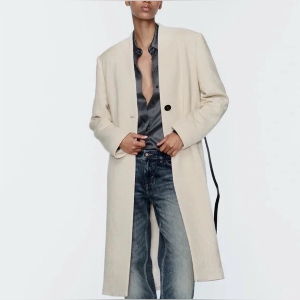 NWT Zara Wool Blend Coat With Leather Belt - Picture 6 of 13